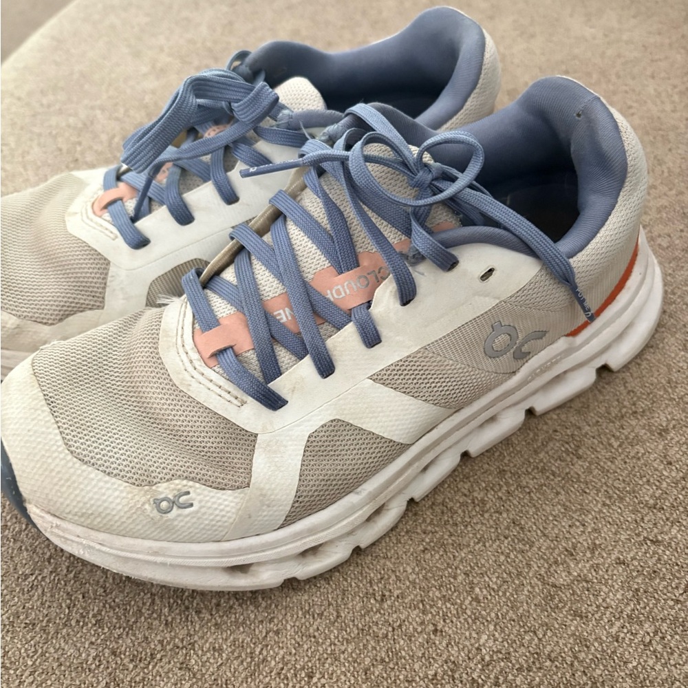 On Cloudrunner Running White and Blue Sneakers
